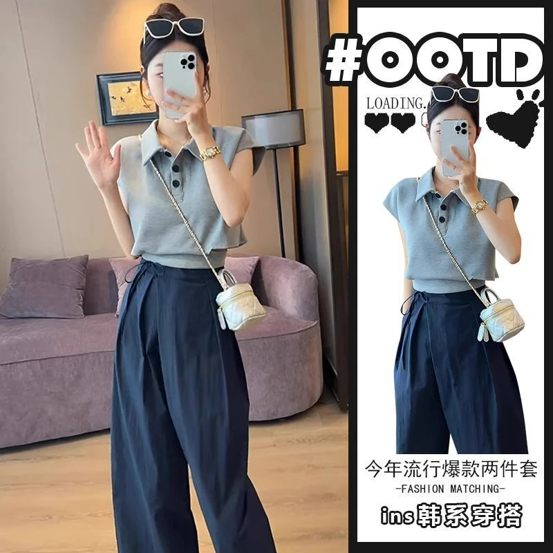 今年流行的夏装搭配一整套炸街时尚减龄短袖T恤阔腿裤两件套装女