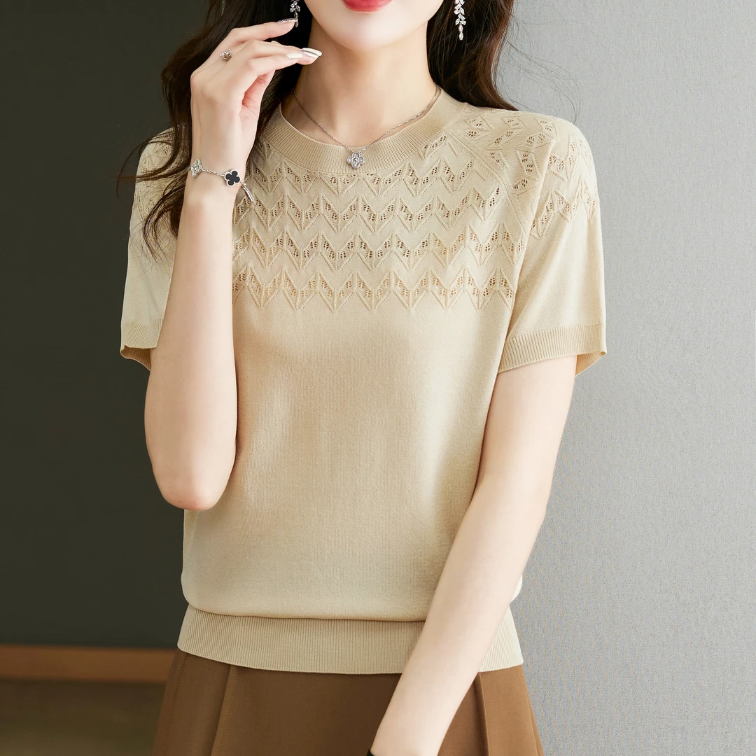 【新客立减】天丝短袖T恤女夏季短款宽松显瘦套头纯色提花薄针织衫