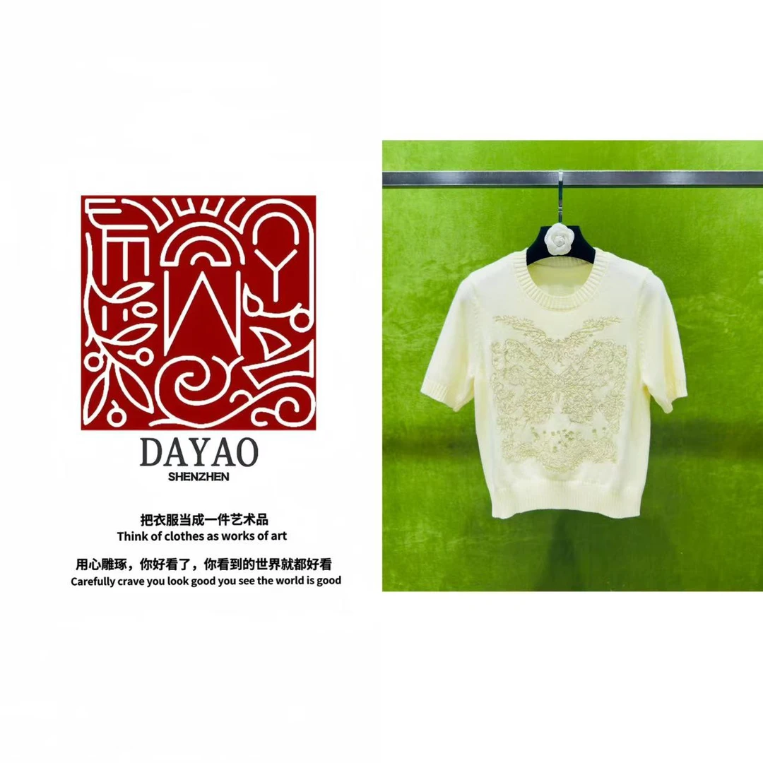 「DAYAO」轻奢重工刺绣钉钻短袖恤针织衫圆领套头百搭上衣WYS255122