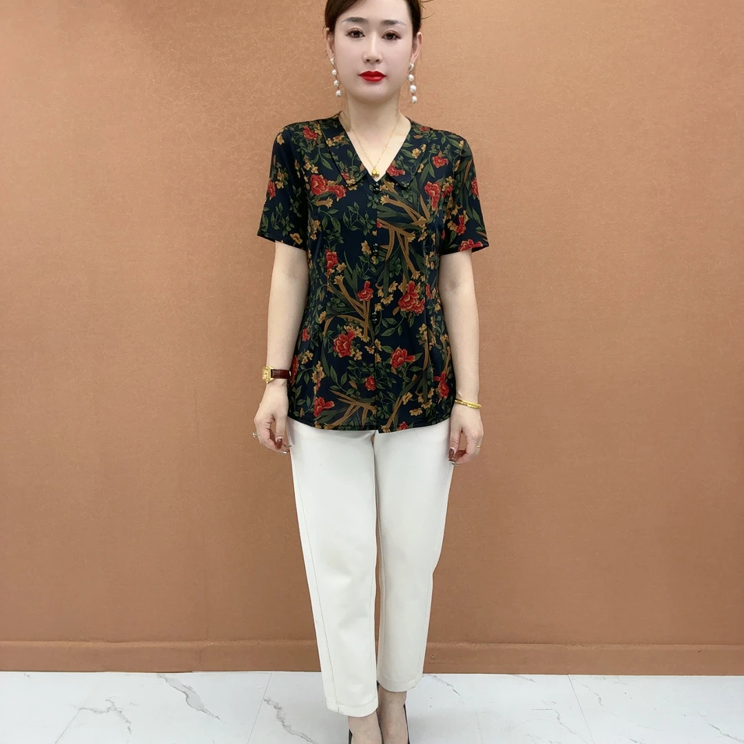 2025新款纽扣翻领短袖拼色T恤时尚夏季夏装中年套装显瘦宽松复古