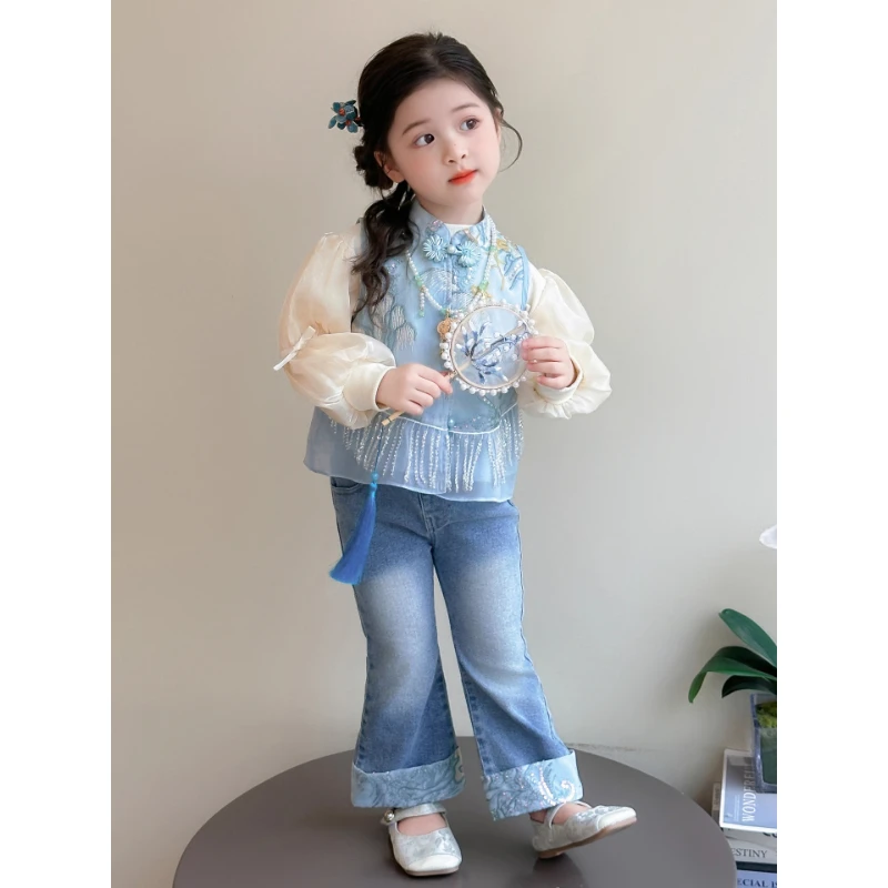 女童国风套装秋季2025新款儿童汉服马甲牛仔裤三件套宝宝春秋衣服