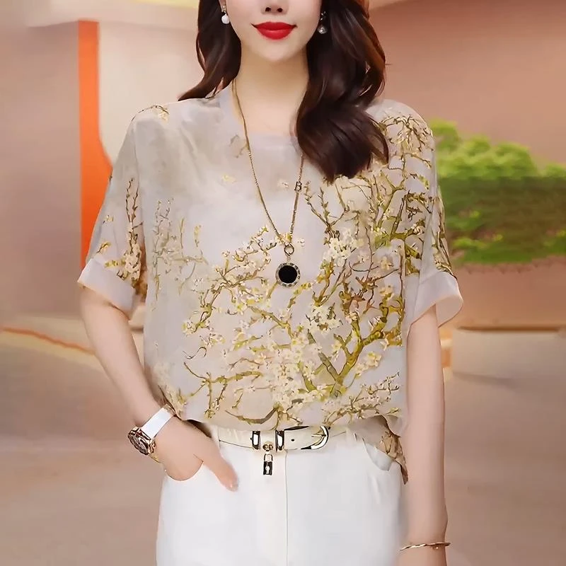 哥弟阿玛施正品女士雪纺t恤短袖夏季新款时尚宽松大码减龄遮肚显