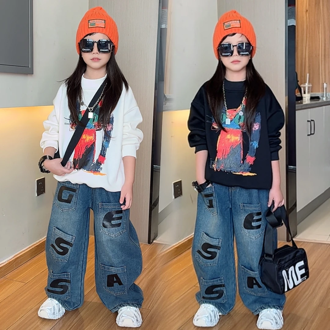 女童秋冬装套装中大童洋气时尚女孩卡通长袖卫衣加绒牛仔裤两件套