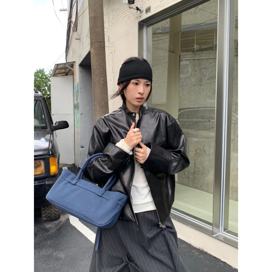 【秋上新】韩式复古简约百搭宽松短款机车皮衣 P178