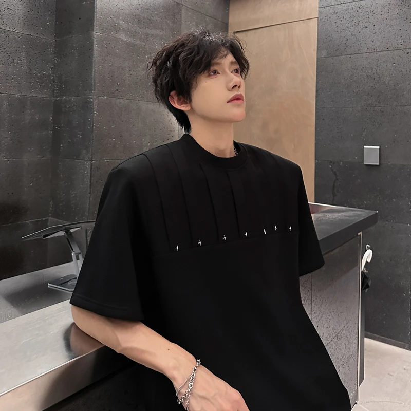 金属铆钉解构垫肩重磅短袖t恤男夏季美式高街潮牌半袖宽松五分袖