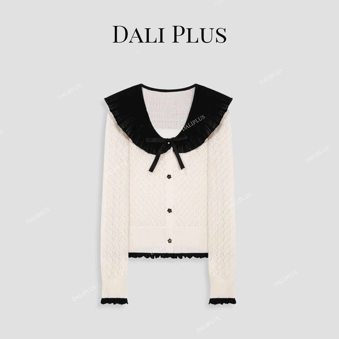 DALI PLUS法式甜美减龄花边撞色拼接圆领针织开衫-D4XX0049