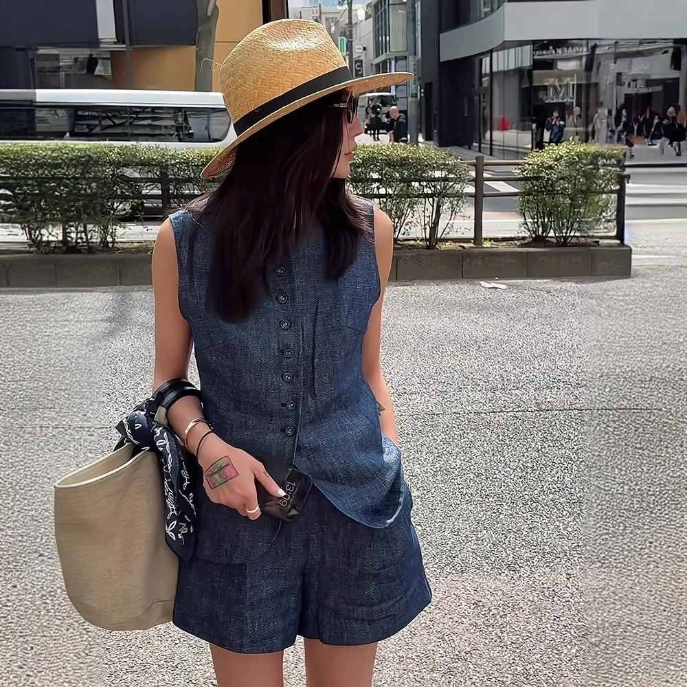 复古蓝亚麻牛仔套装女2025夏休闲无袖马甲开衫短裤时尚运动两件套