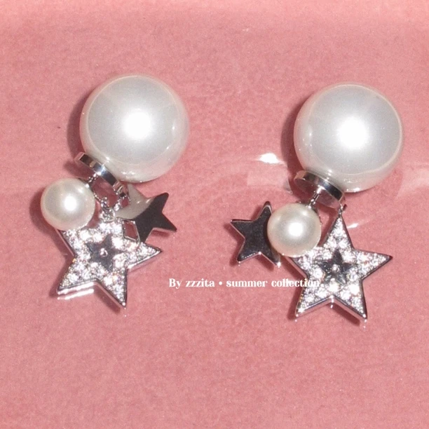 合金仿珍珠耳饰 Lucky Sweetheart·幸运甜心～贝珠闪钻五角星耳环