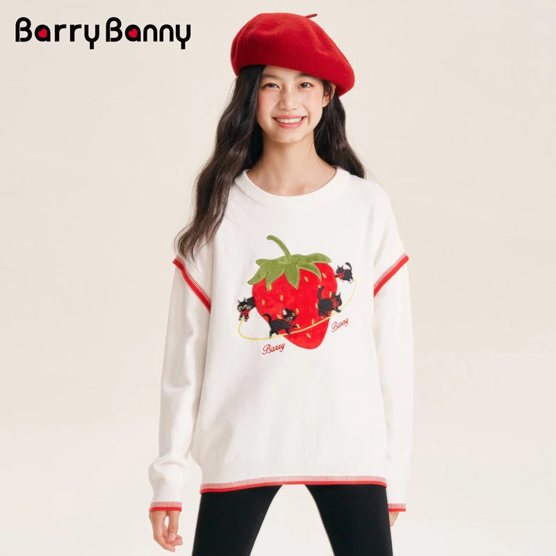 BarryBanny2025秋季新款女童针织衫毛衣撞色长袖插肩袖T恤刺绣