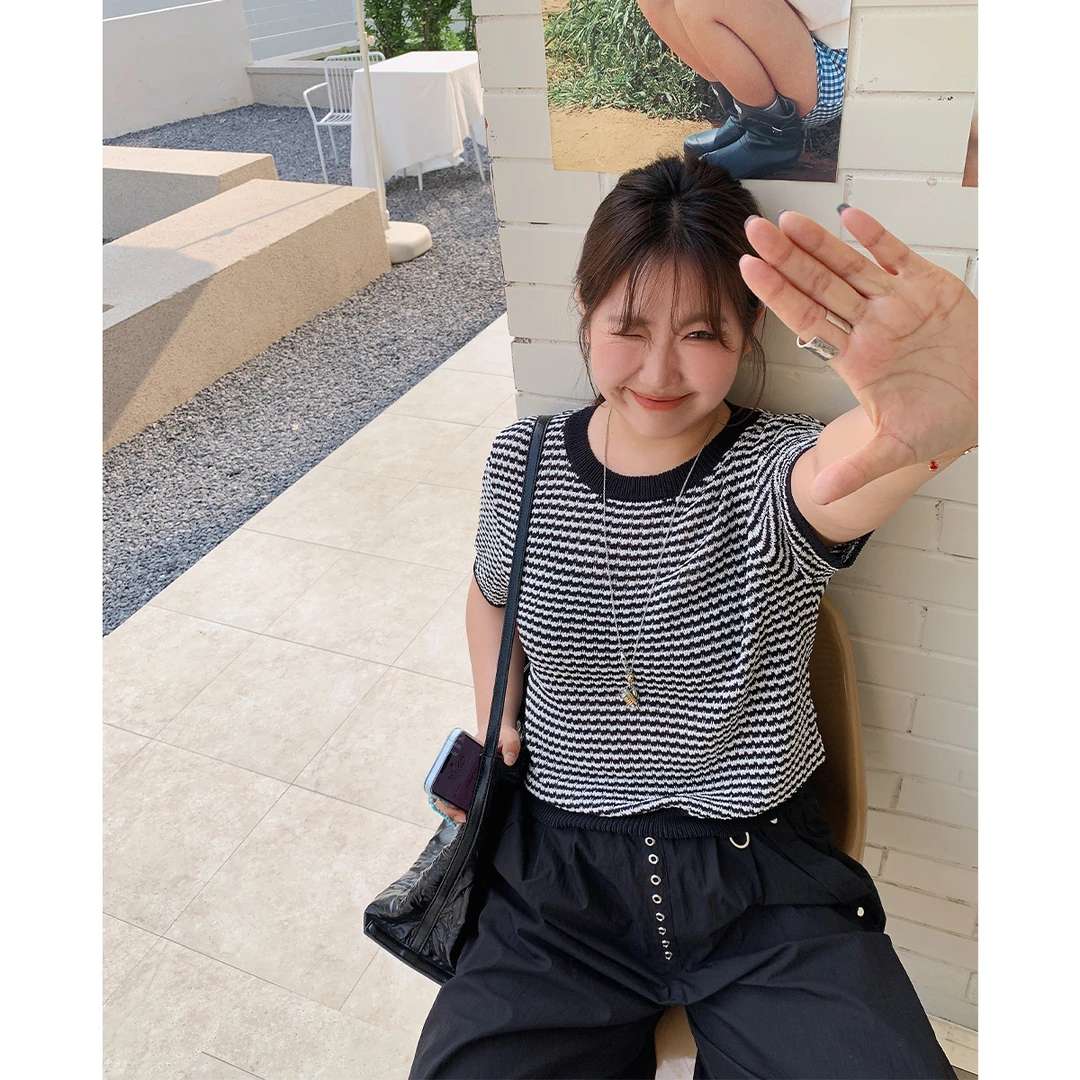 晶咕白标~冰麻横织菠萝纹针织短袖针织衫女夏季大码镂空上衣