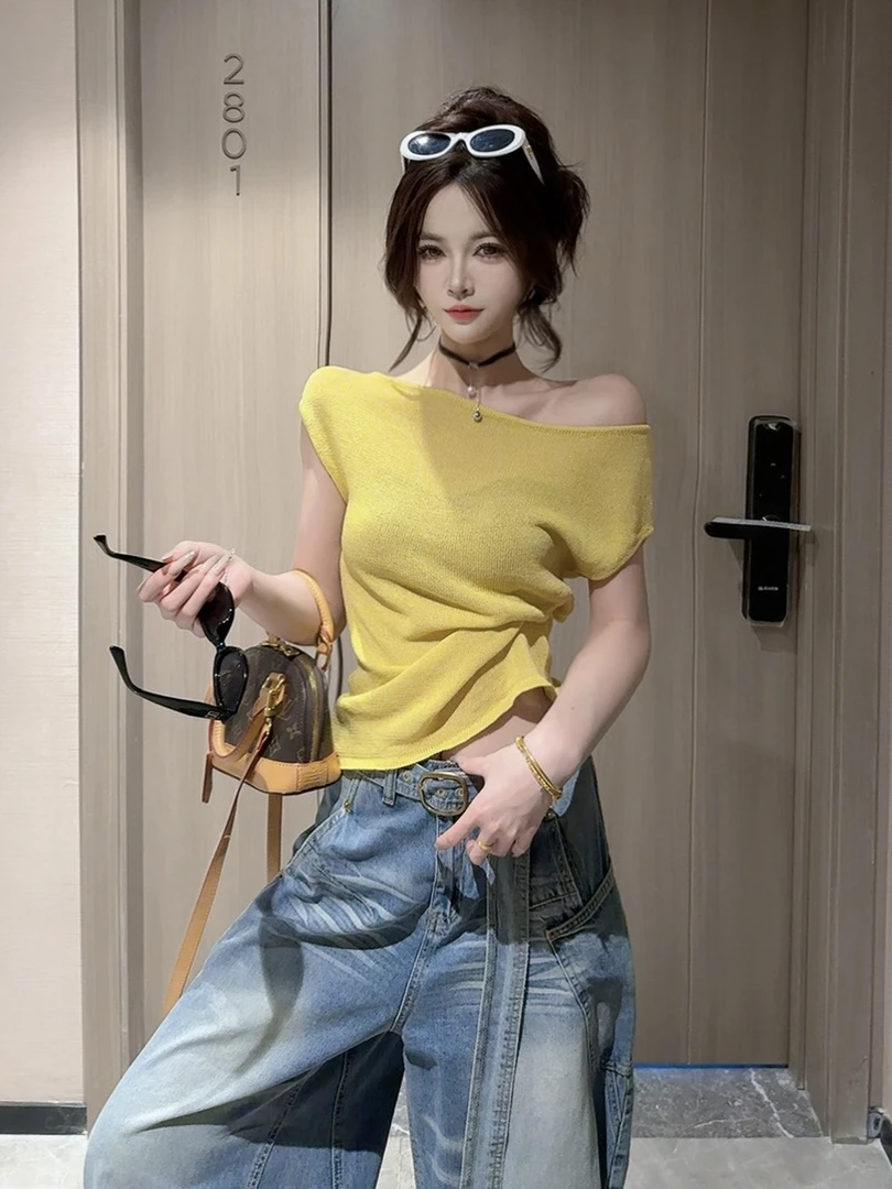 【CCDZ】夏季新品时尚设计感一字领可拉肩无袖针织上衣女