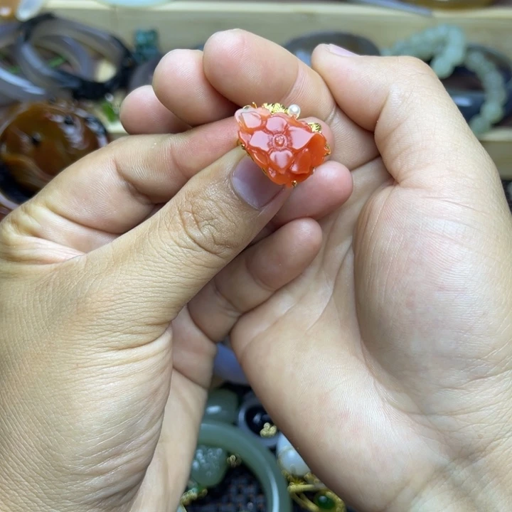 南红玛瑙银S925镀金镶嵌戒指