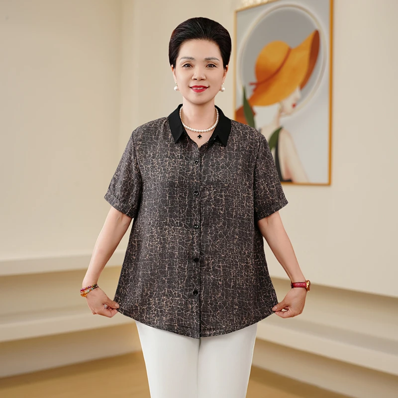 洋气母亲衣服夏季新款POLO领单排扣短袖印花开衫妈妈装薄款衬衫女