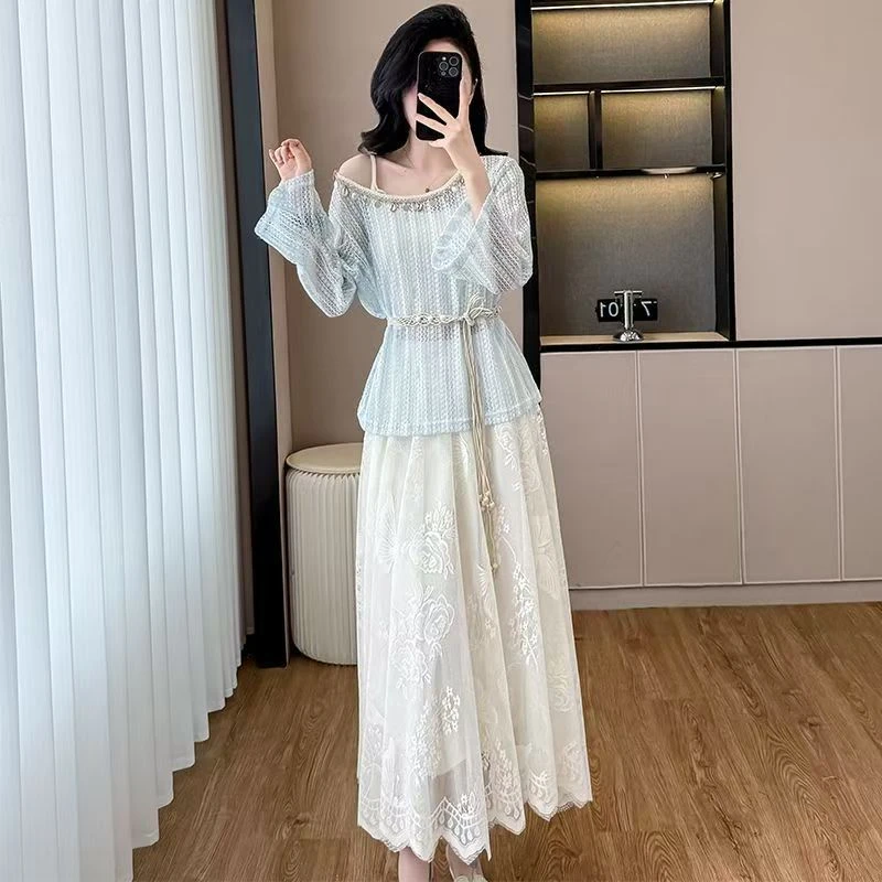 #（按直播间主播过款编码下单）夏季高级感气质穿搭镂空针织衫长裙