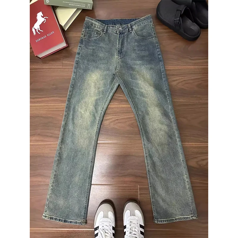 复古蓝牛仔裤男款春秋cleanfit微喇弯刀裤子美式高街vibe直筒长裤