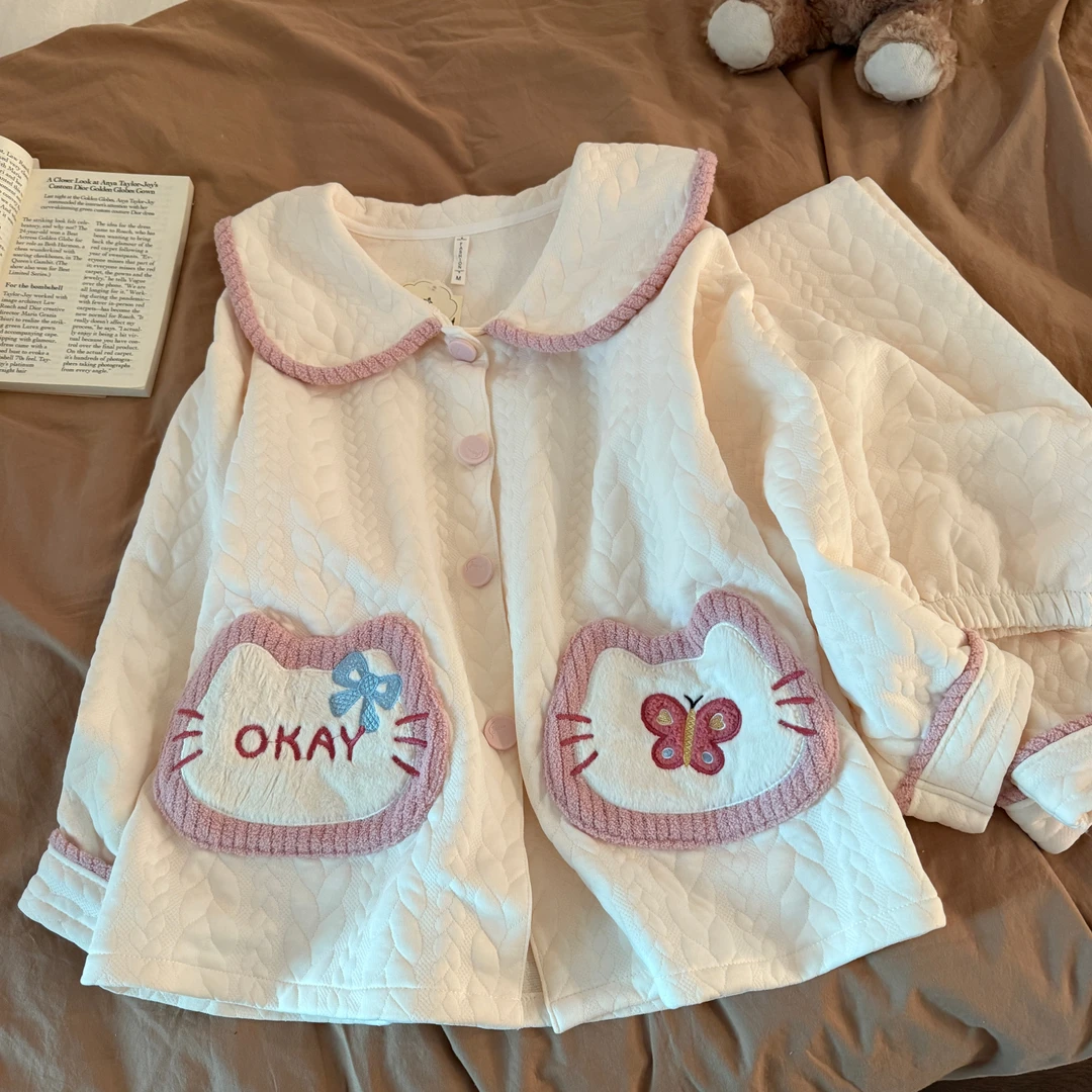 睡衣女春秋冬季长袖夹层2025新款大码粉口袋领结套装家居服