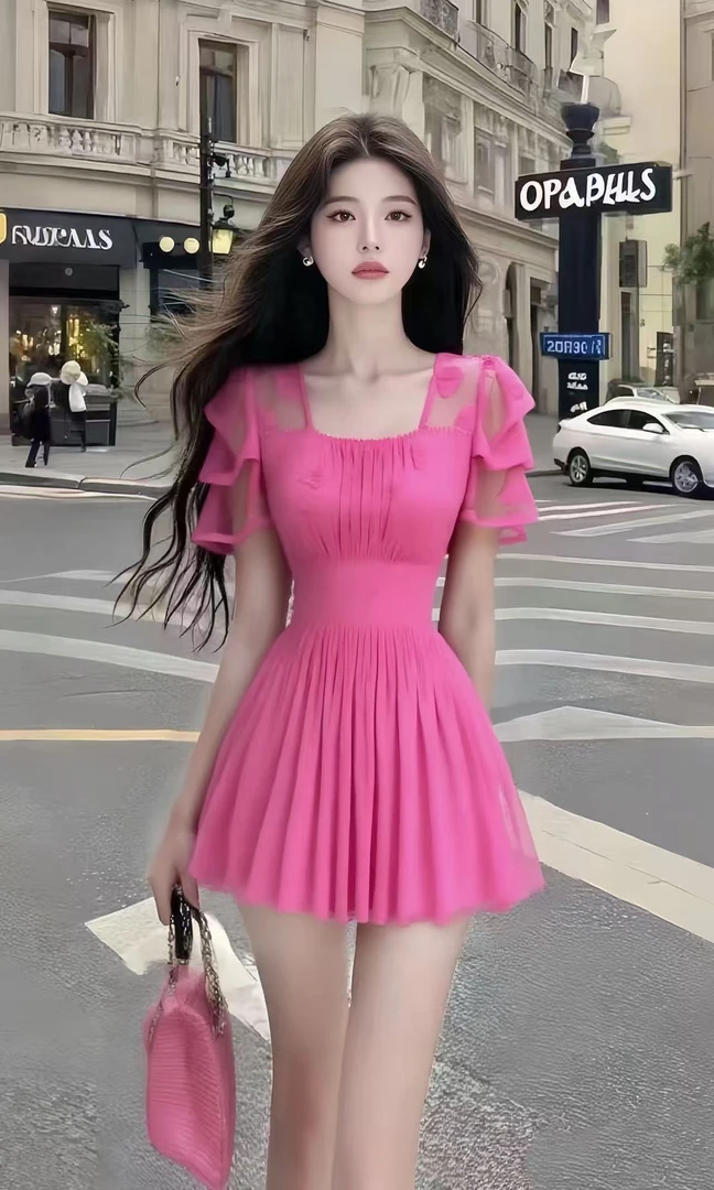 轻奢优雅轻熟知性风玫红色方领短袖收腰网纱设计感连衣裙时尚气质