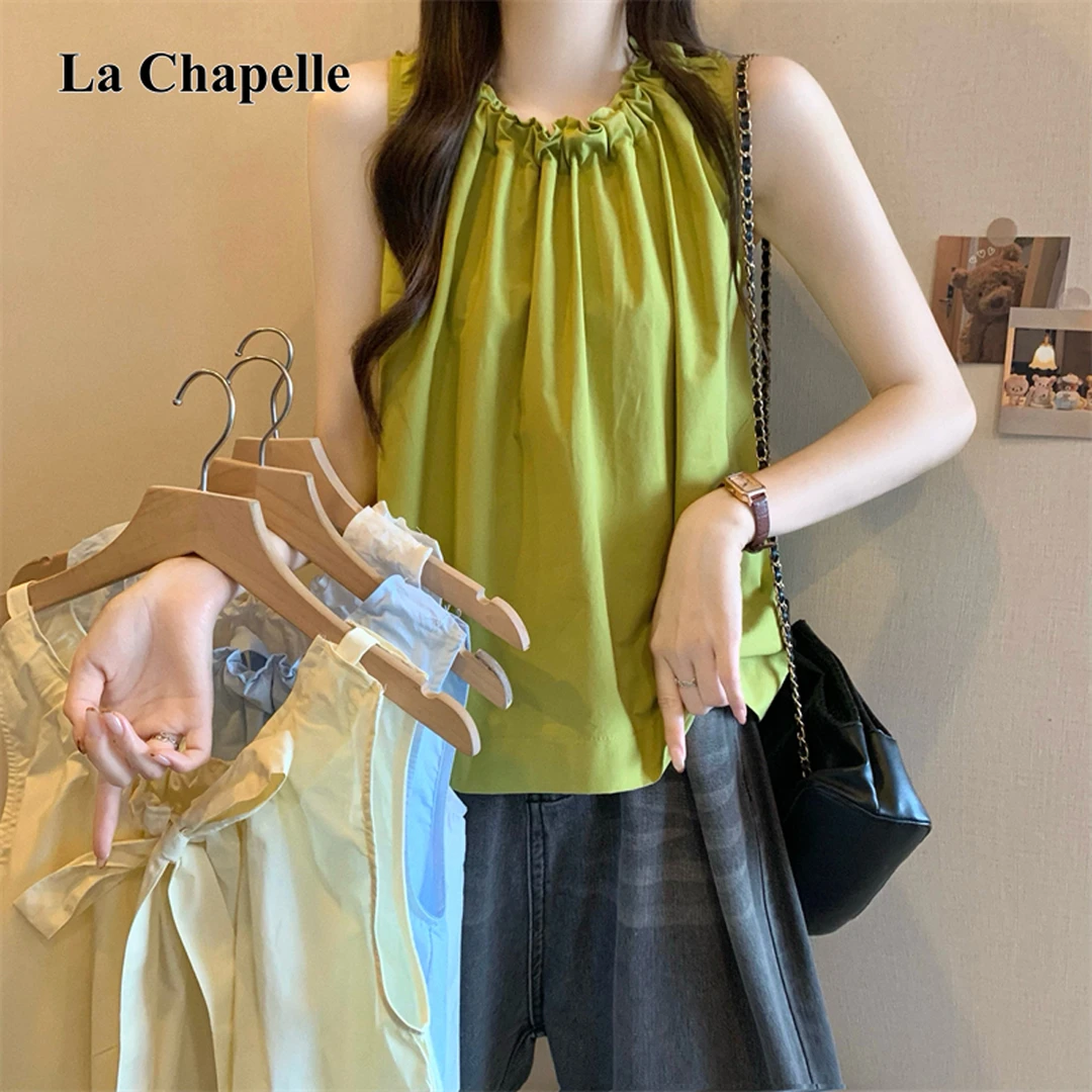 拉夏贝尔新版韩系背心外穿女2025夏季设计感无袖挂脖法式T恤薄款