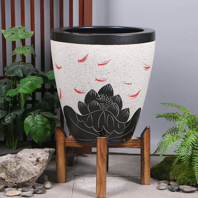 景德镇陶瓷鱼缸加高户外鱼缸客厅养鱼盆睡莲荷花缸庭院带底座水缸