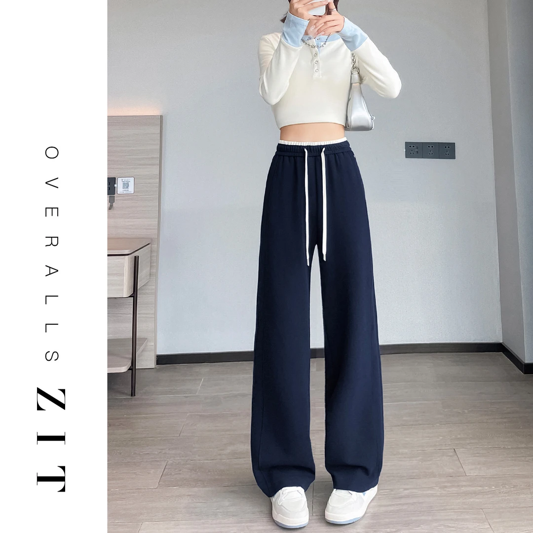 藏青色运动裤女2025秋冬新款高腰显瘦垂感遮肉窄版休闲弯刀阔腿裤