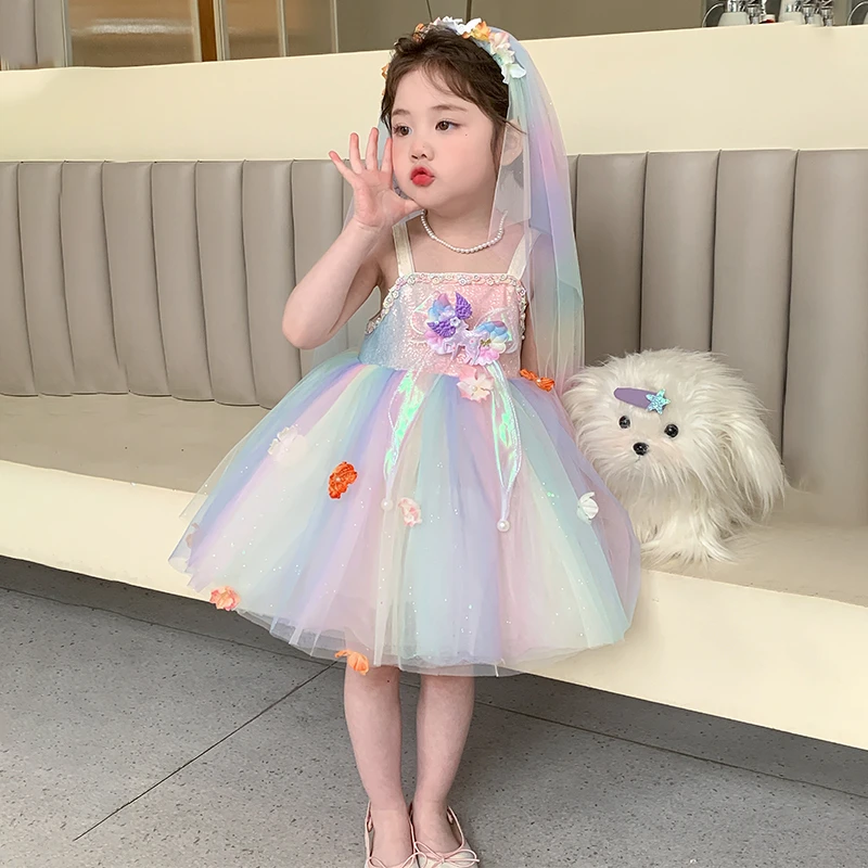 女童连衣裙夏装儿童花朵吊带蓬蓬纱裙女宝小马宝莉公主裙生日礼服