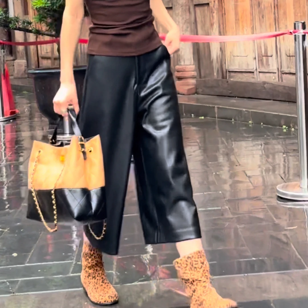 女士高档七分皮裤休闲百搭蛋白皮阔腿七分裤直筒高腰皮裤