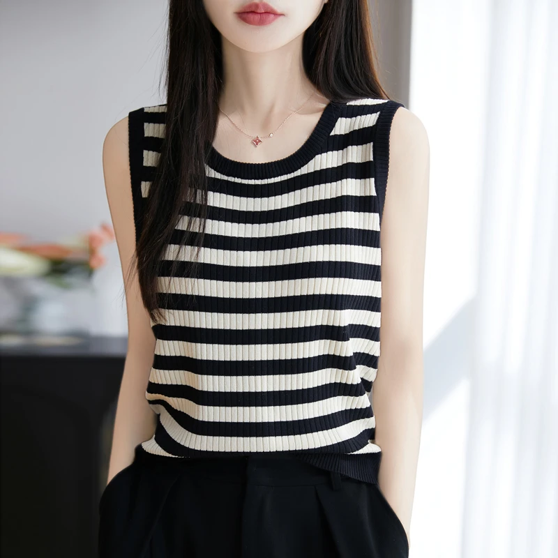 冰丝清凉不沾身条纹背心减龄青春圆领百搭无袖外穿针织吊带内搭