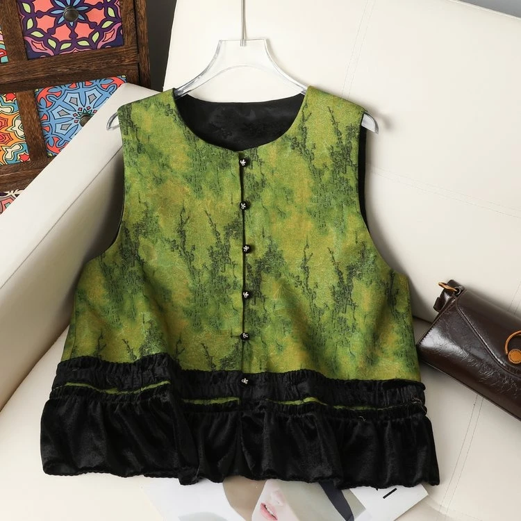 新中式网红拼接马甲秋季女士丝绒拼接中式马甲马夹时尚女秋季女装