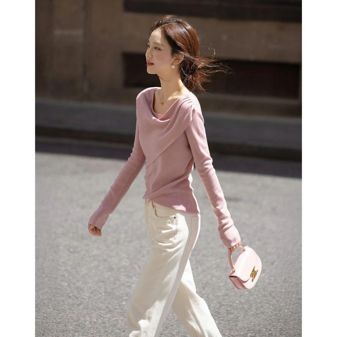 2025秋季新款简约气质时尚优雅好看荡领长袖线衫打底针织衫上衣女
