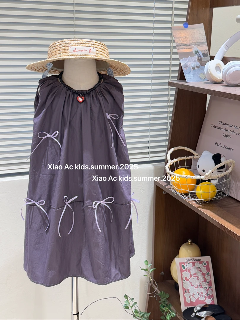 2025夏季新款女童森系蝴蝶结连衣裙童装轻奢女宝宝紫色儿童背心裙