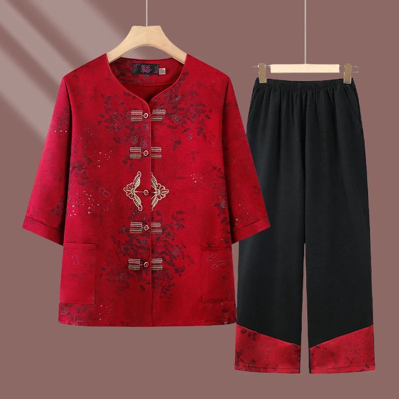 奶奶夏装套装2025新款老年人女装中式衬衫七分袖上衣服妈妈装夏季