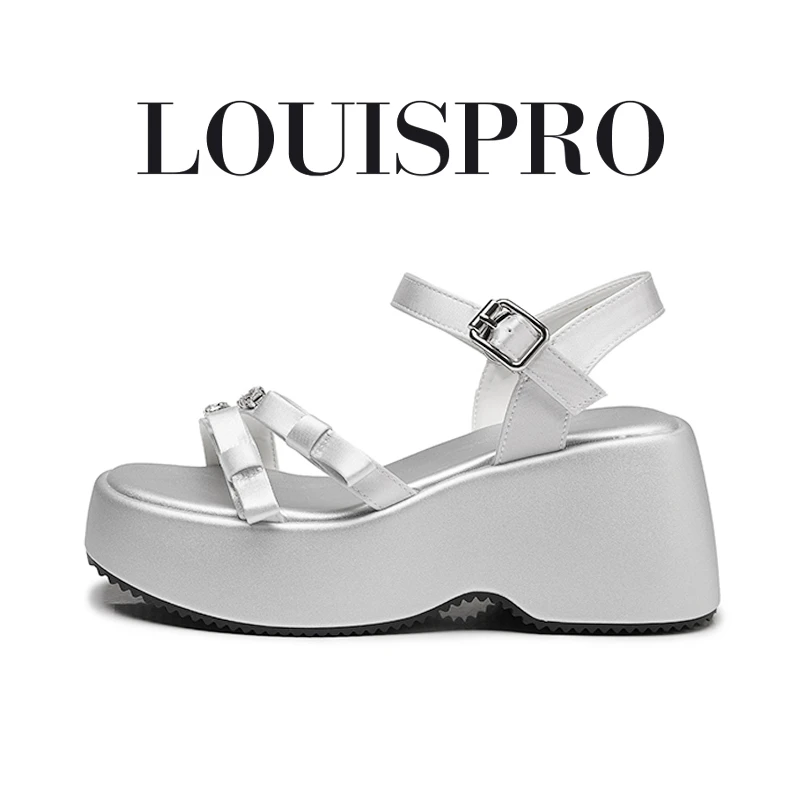 【LOUISPRO意式】搭扣一字带舒适凉鞋夏季坡跟蝴蝶结高跟粗跟女士