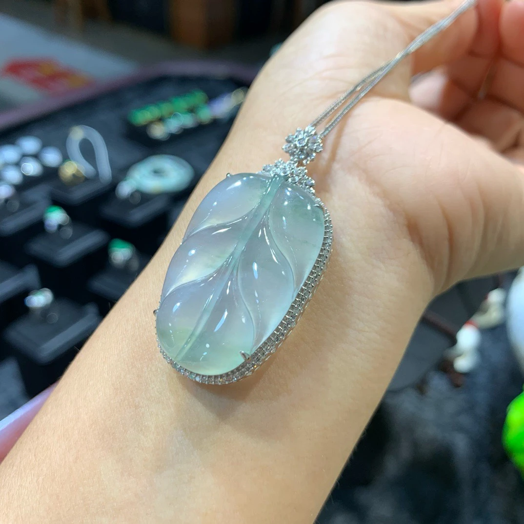 天然A货叶子金镶嵌冰种起胶气质时尚冰透