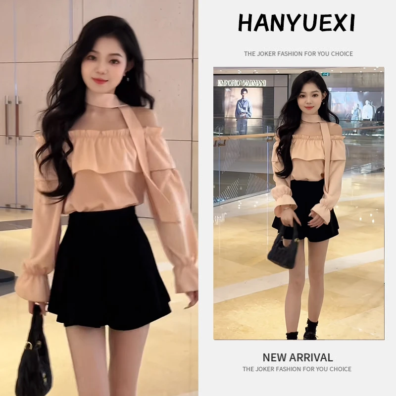 今年流行穿搭一整套2025新款甜美一字肩衬衫高腰百搭裤裙两件套潮