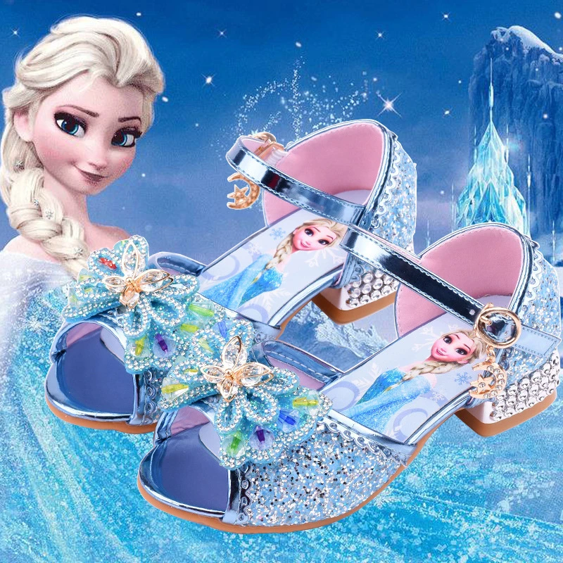 女童公主鞋鱼嘴儿童高跟凉鞋蓝色爱莎水晶鞋夏季宝宝小女孩走秀鞋