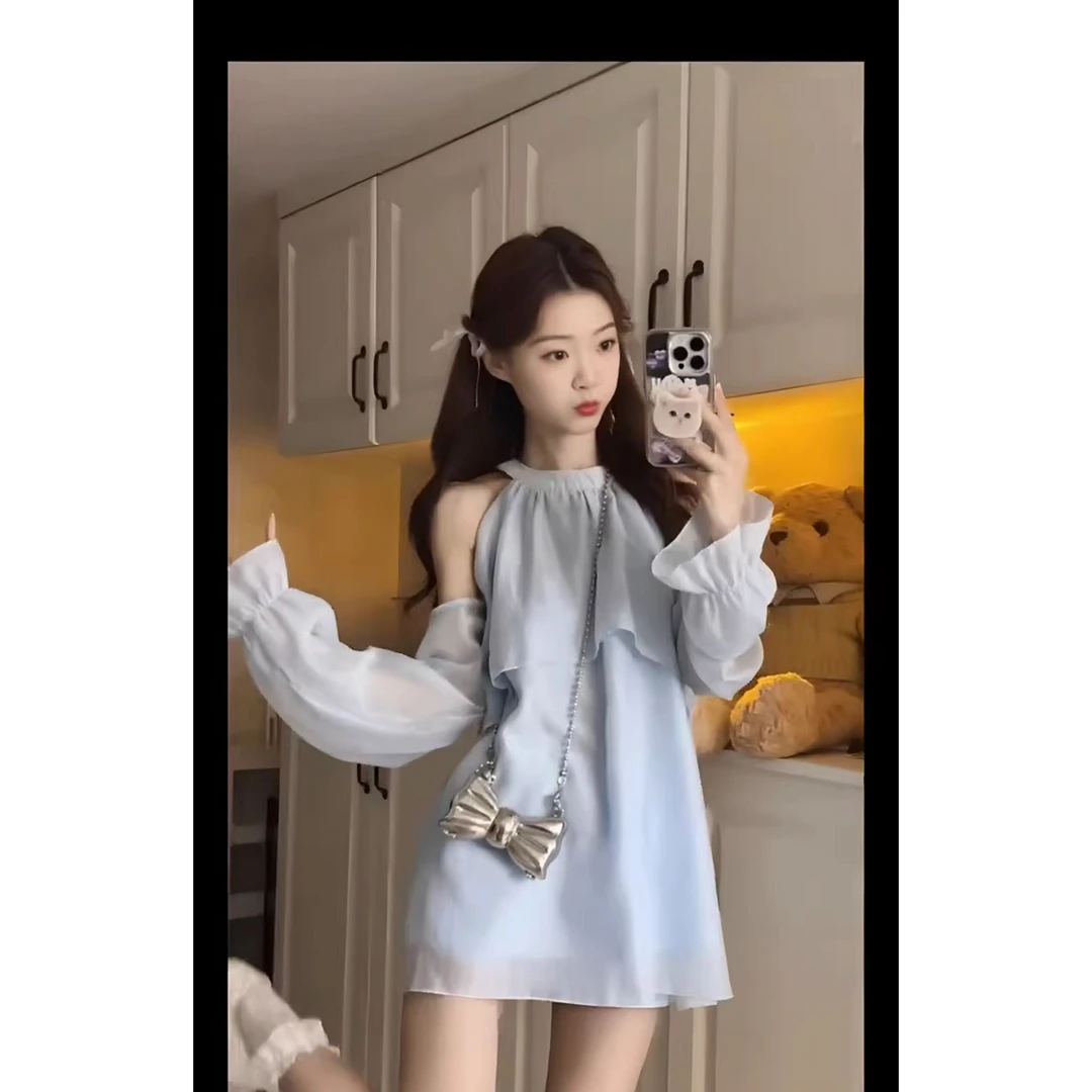 奶系温柔风气质套装女蓝色法式设计裙子薄款衬衣裙短裤显瘦两件套
