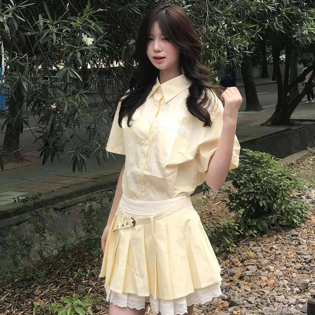 MIU系学院风衬衫短袖上衣蕾丝花边短裙女夏日绝美设计感套装4337