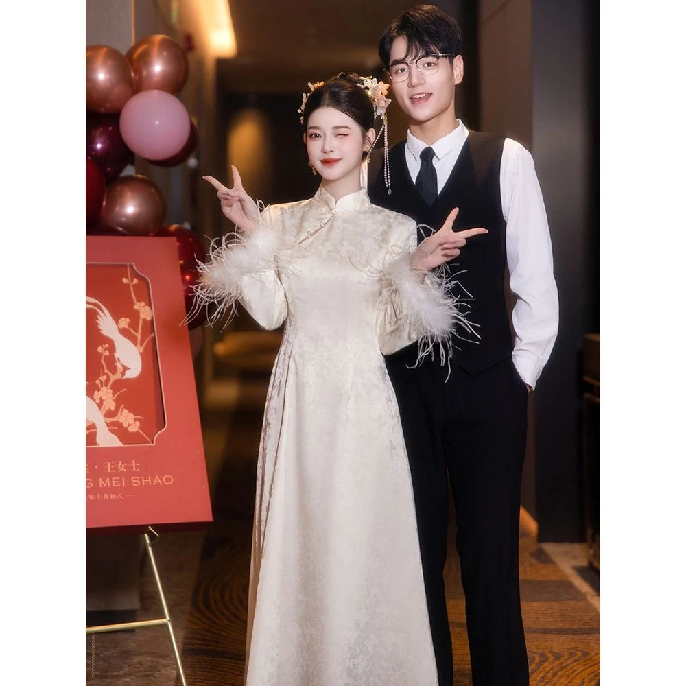 2025秋冬加厚保暖新中式旗袍敬酒服订婚结婚礼服裙女婚礼连衣裙