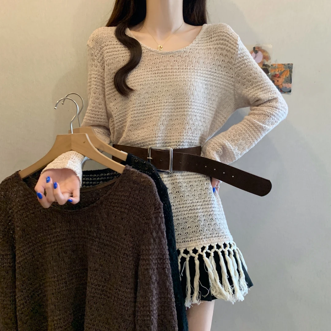 法式高级流苏针织罩衫秋季2025新款大码女装胖mm宽松遮肚长袖上衣