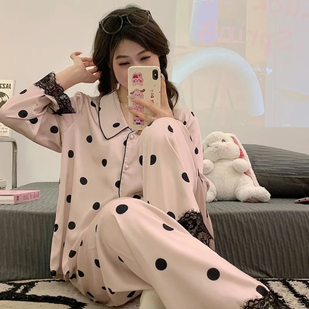 曼塔玫瑰波点冰丝缎面薄款睡衣法式波点纯欲风长袖长裤春夏家居服