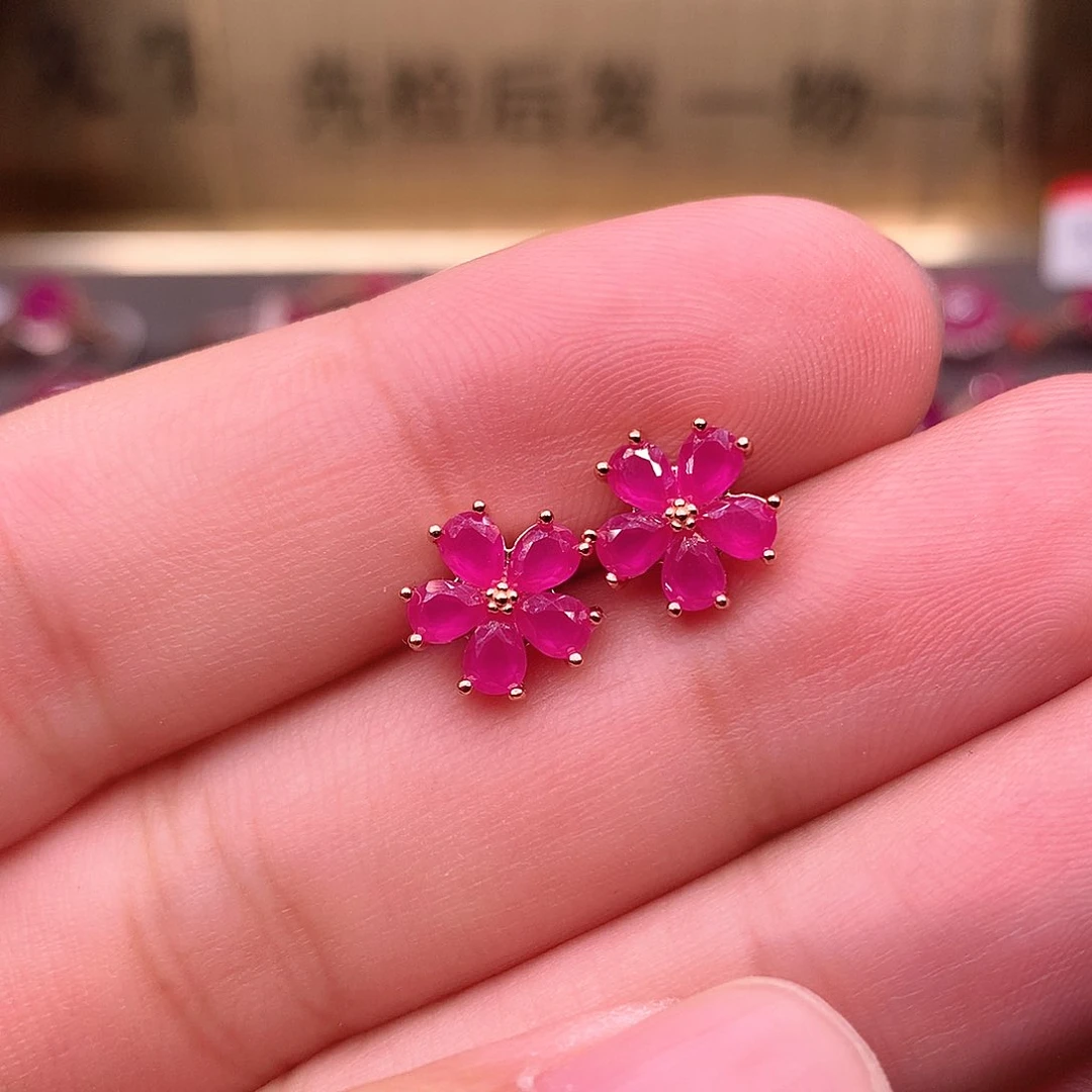 红宝石耳饰银S925镶嵌