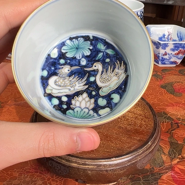 陶杯子元煦窑如意鸳鸯描金直口杯