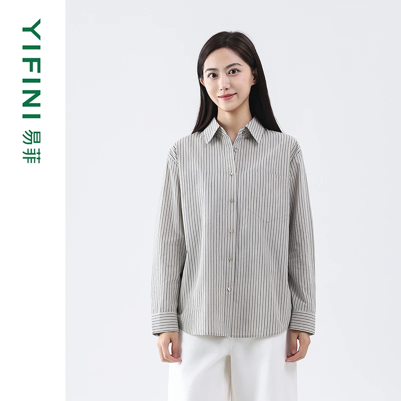 【Yifini】100%棉竖条纹时尚通勤宽松长袖衬衫小翻领上衣D07C3903