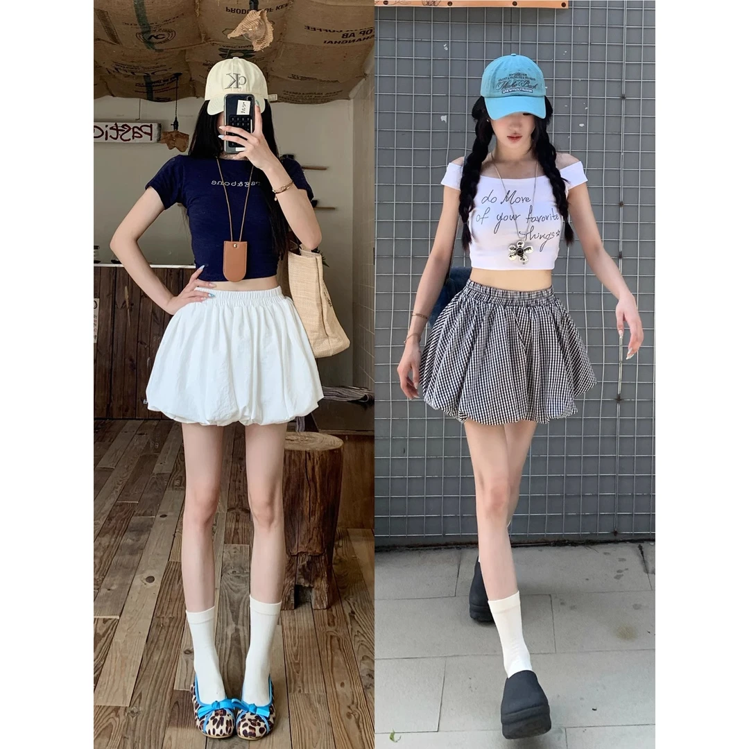 花苞格子短裙女高腰a字防走光蓬蓬半身百褶裙子