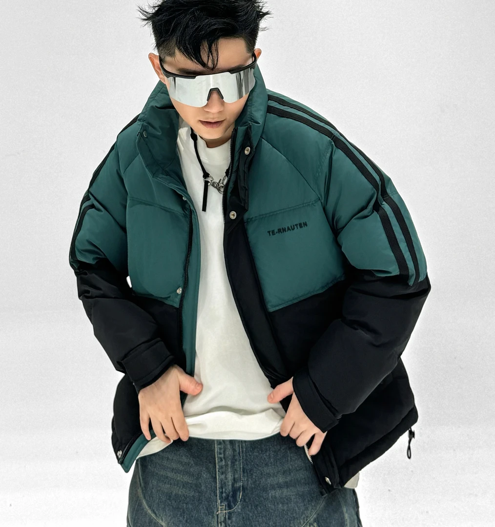 6613防寒男立领拼接短款冬季潮流休闲保暖厚外套加厚羽丝绒