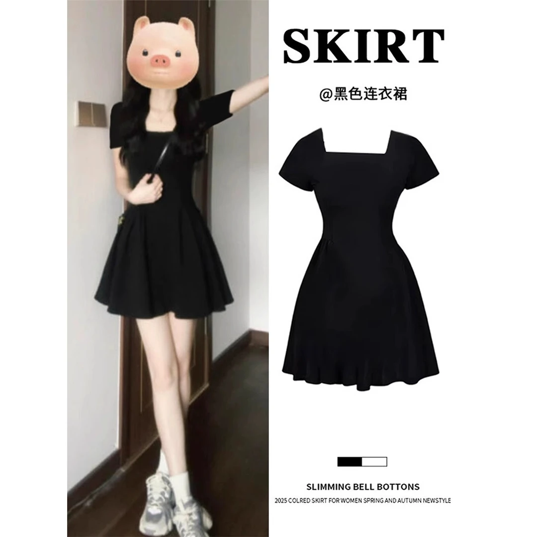 黑色连衣裙女夏日绝美漂亮小个子黑裙收腰a字短裙子2025夏季穿搭