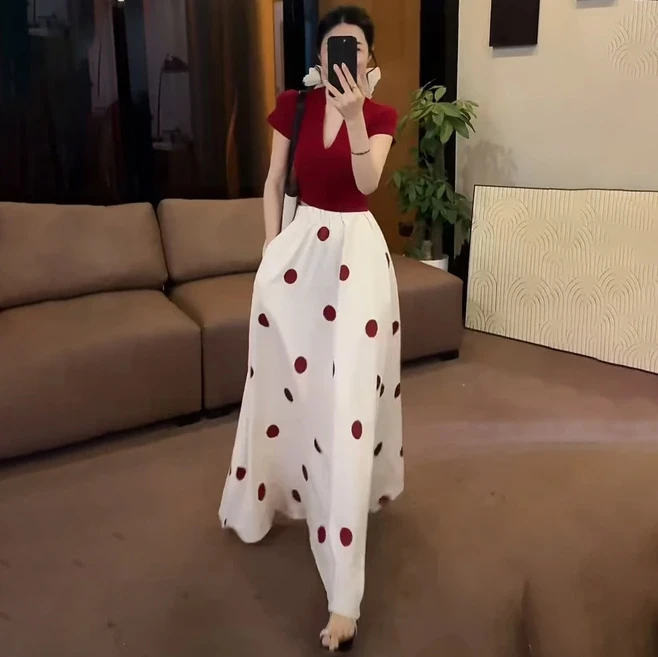 轻熟风慵懒风休闲风法式时尚套装女装上衣半身裙极简风复古波点