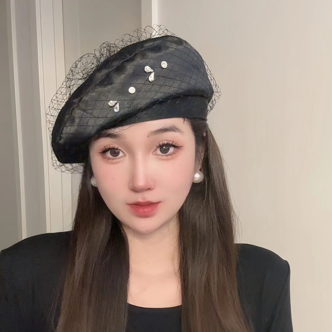 法式复古网纱贝雷帽韩版水钻女气质优雅时尚小香风画家帽潮