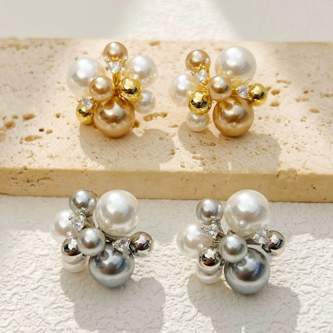 铜合金锆石耳饰 精致珍珠高级感轻奢耳钉时尚百搭通勤气质耳饰女