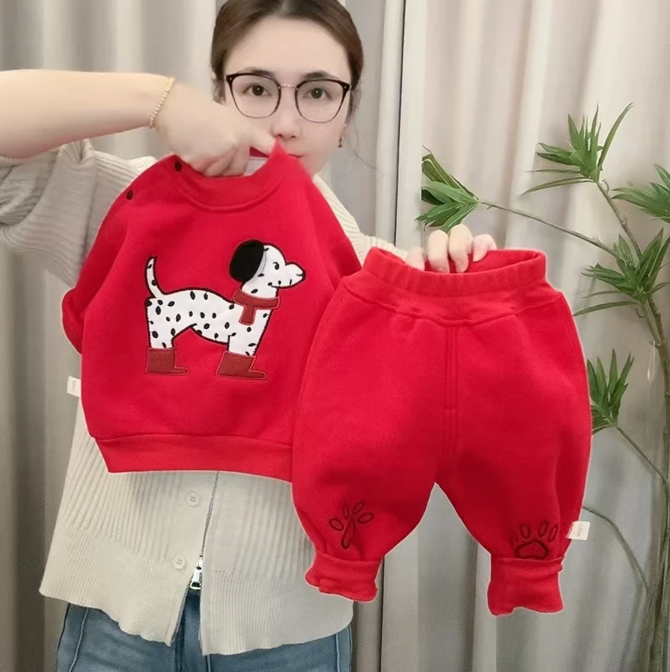 新年斑点狗红色加厚绒卫衣套装冬季新款保暖套装外穿衣服
